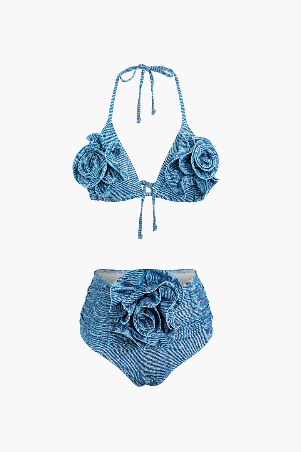 3D Çiçekli Kot Askılı Bikini Takımı