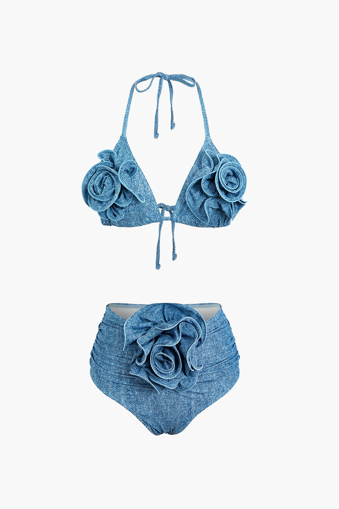 3D Çiçekli Kot Askılı Bikini Takımı