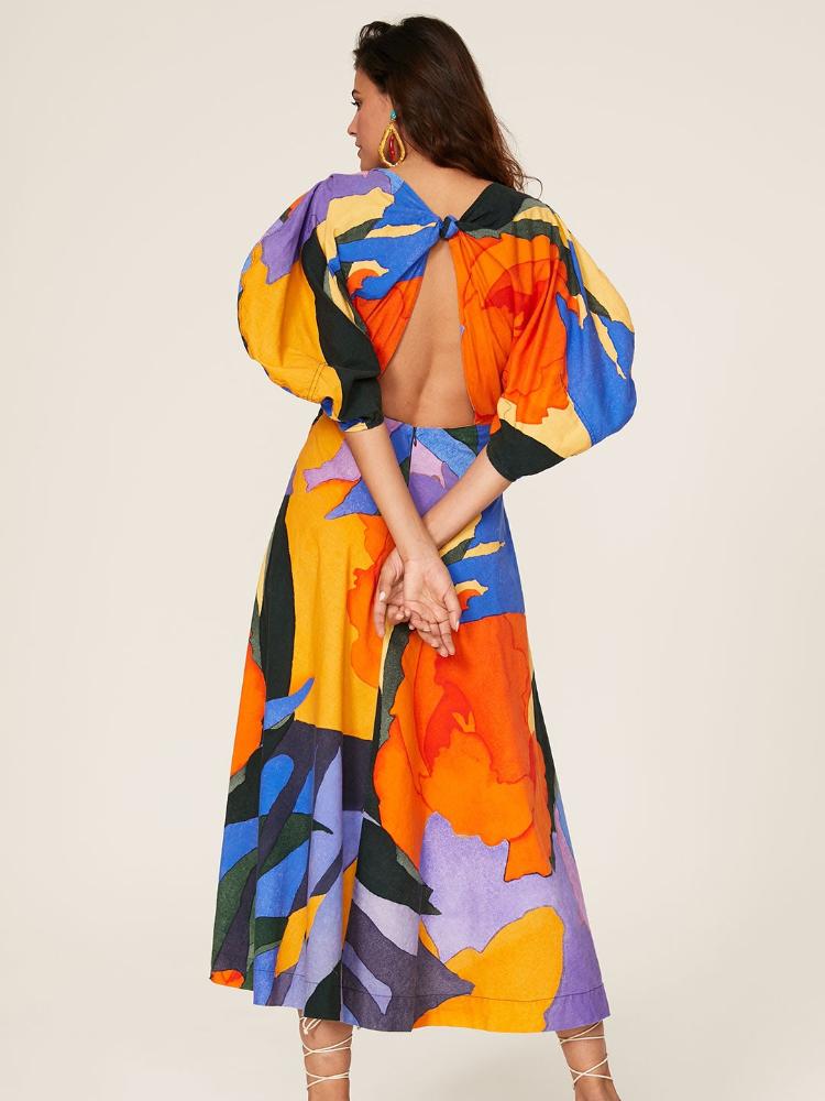 Chaya Baskılı V Yaka Cut-Out Flare Maxi Elbise
