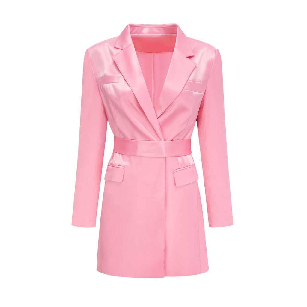 Coralie Pembe Belden Kuşaklı Saten Blazer Elbise