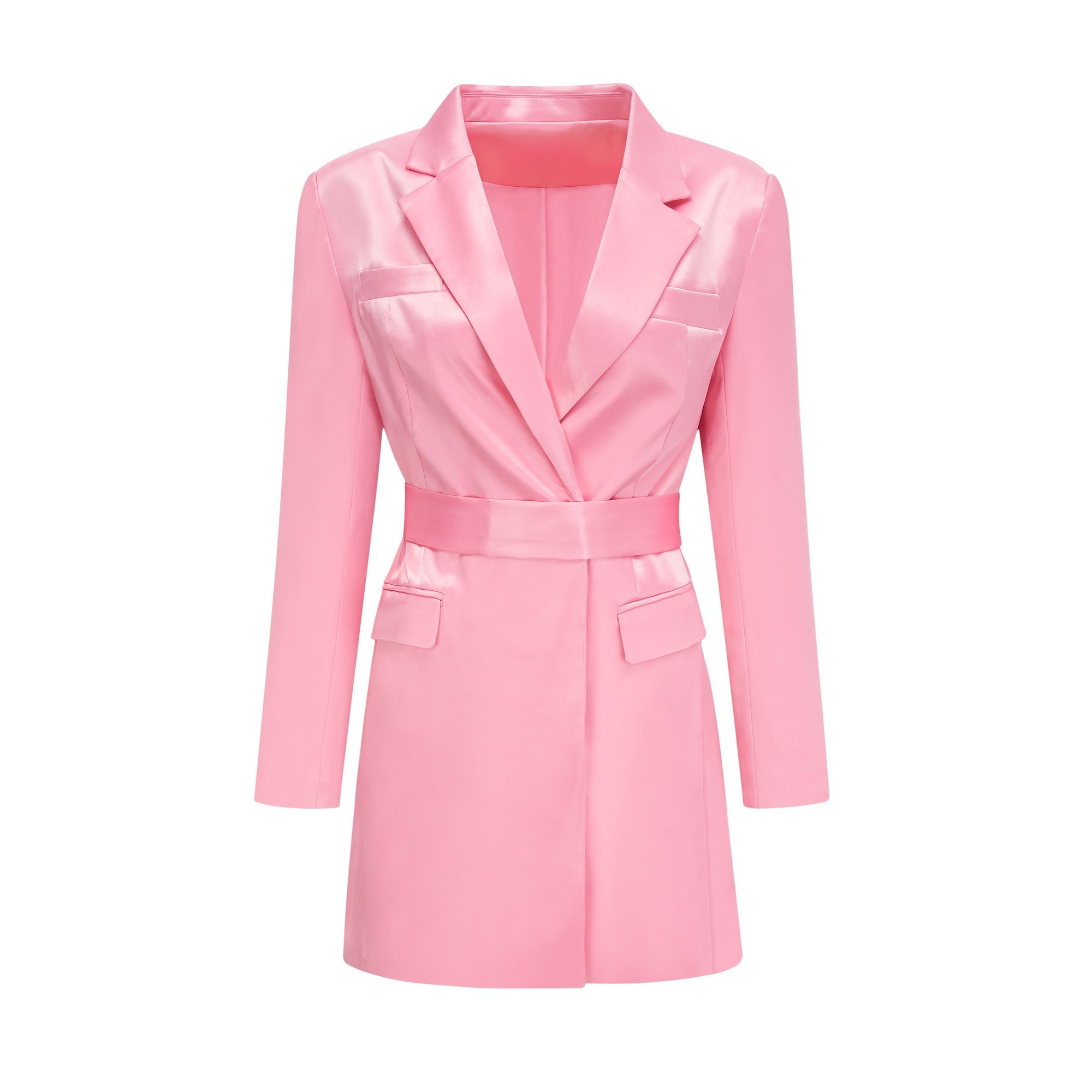 Coralie Pembe Belden Kuşaklı Saten Blazer Elbise