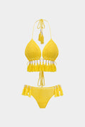 Sırt Açık Tüy ve Boncuk Detaylı Bikini Takımı