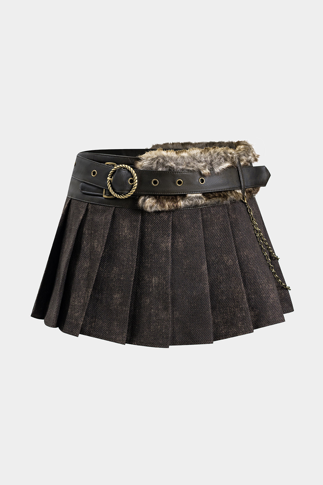 Suni Deri Kürk Detaylı Zincir Kemerli Pileli Etek