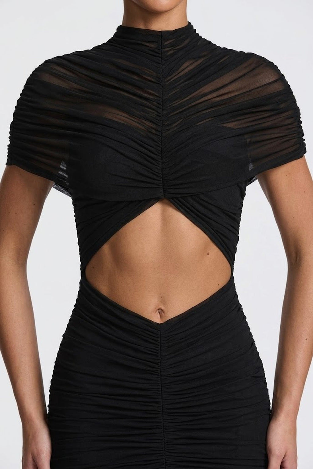 Odette Ruched Twist-Front Maxi Dress With Cutout Waist - Black