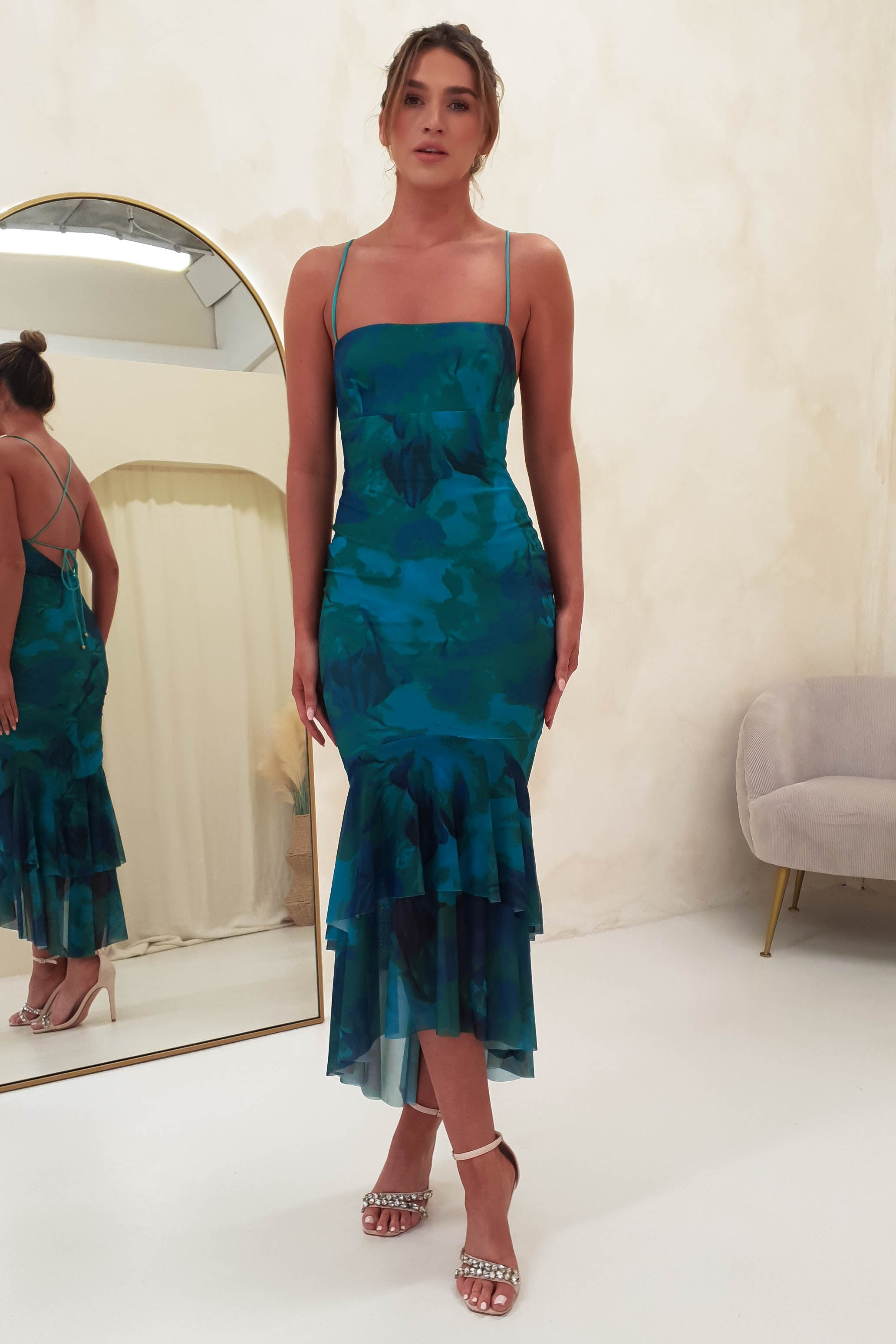 Faizah File Bodycon Midi Elbise | Yeşil/Mavi Baskı