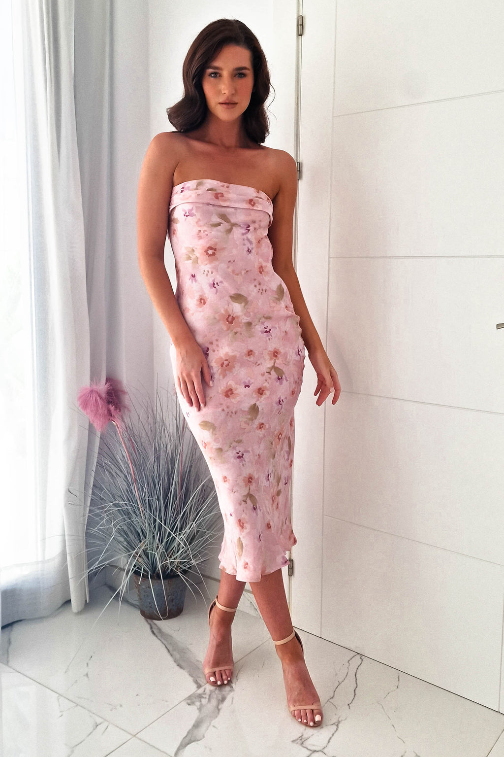 Bloom Straplez Midi Elbise | Pembe Çiçekli