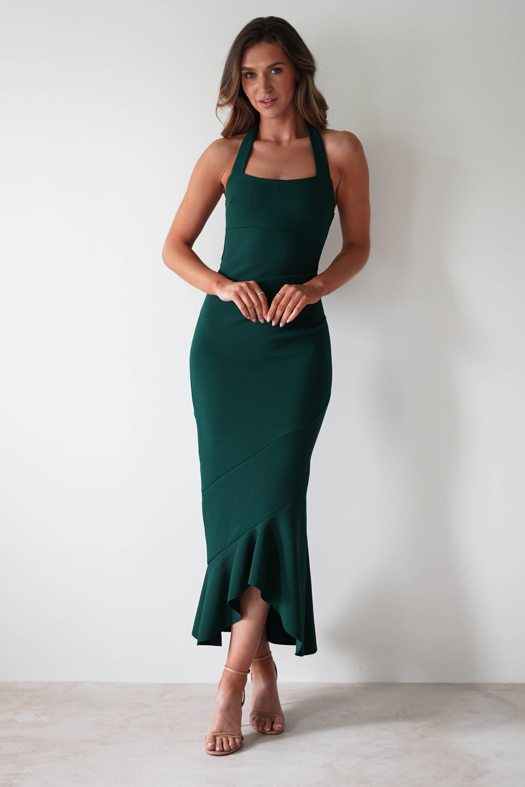 Damaris Dokulu Midi Elbise | Orman Yeşili
