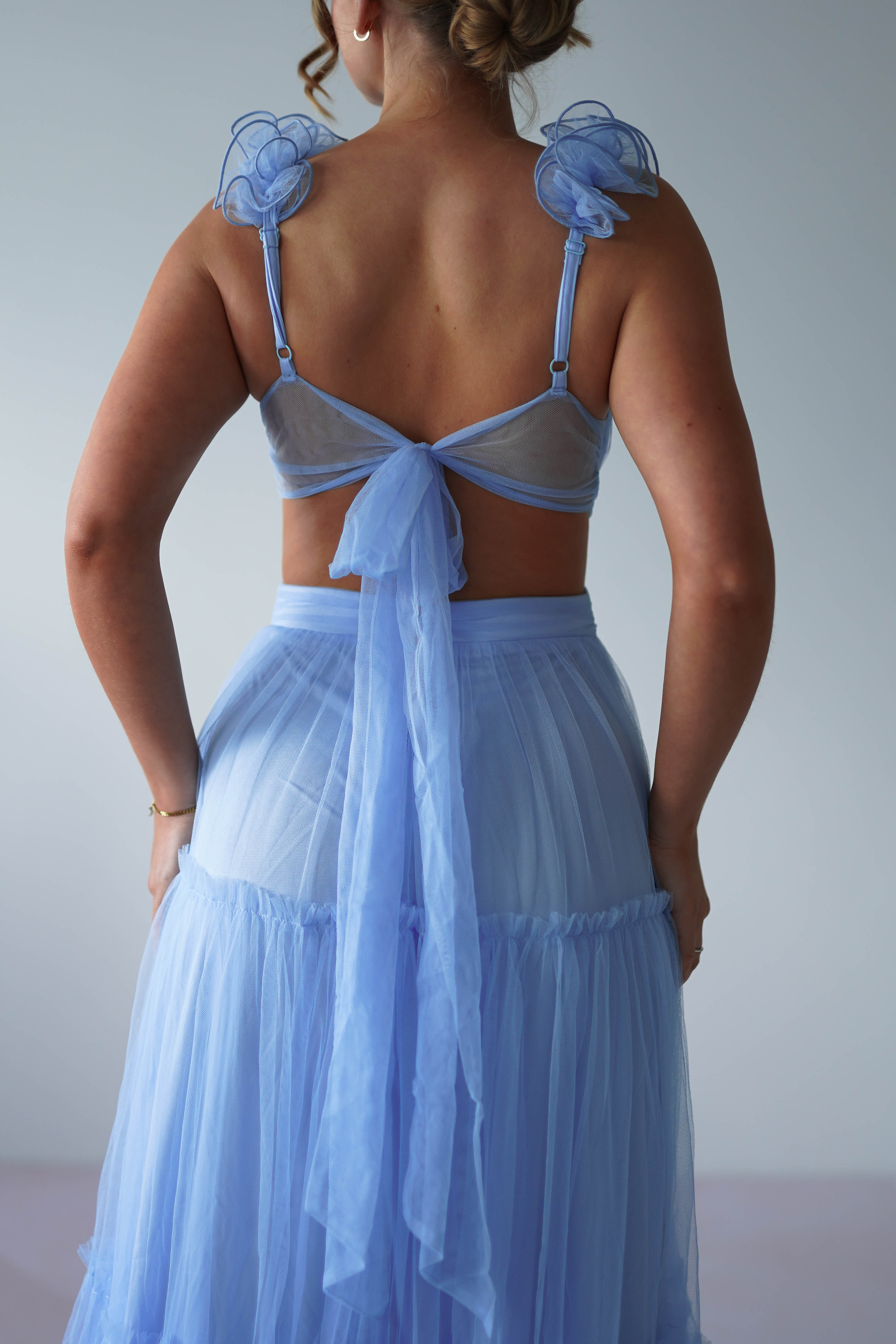 Galiena Fırfırlı Tül Maxi Elbise | Mavi