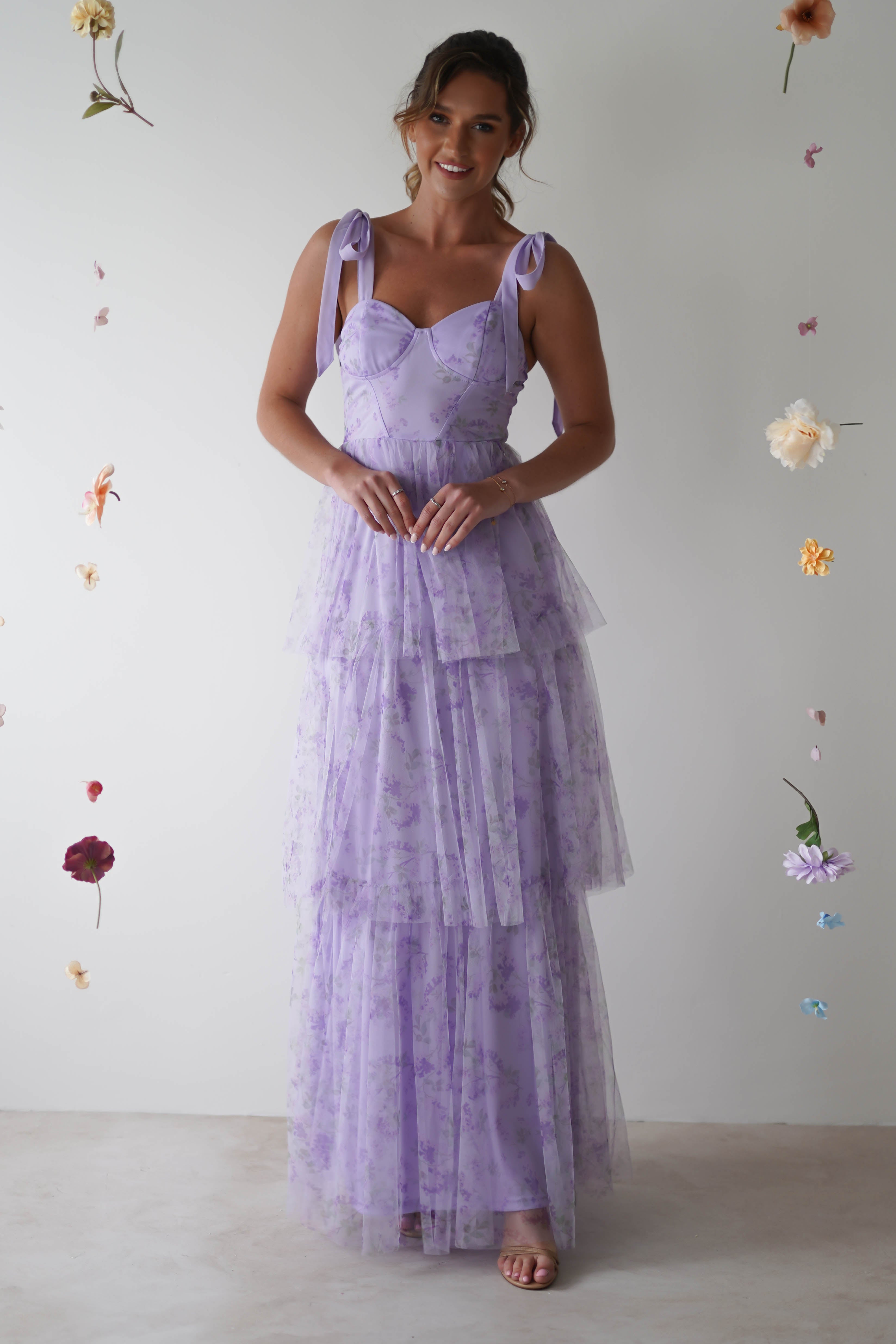 Sylvia Çiçekli Tül Maksi Elbise | Lavendar