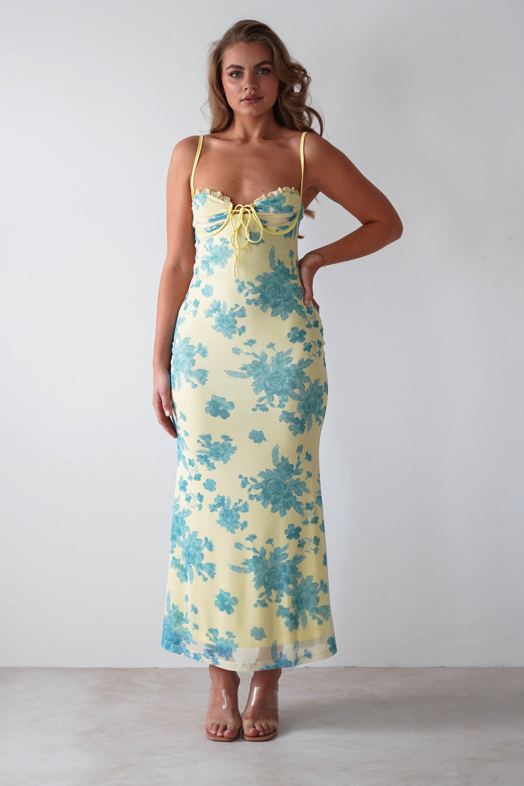 Francesca Bodycon Maxi Elbise | Sarı Baskı