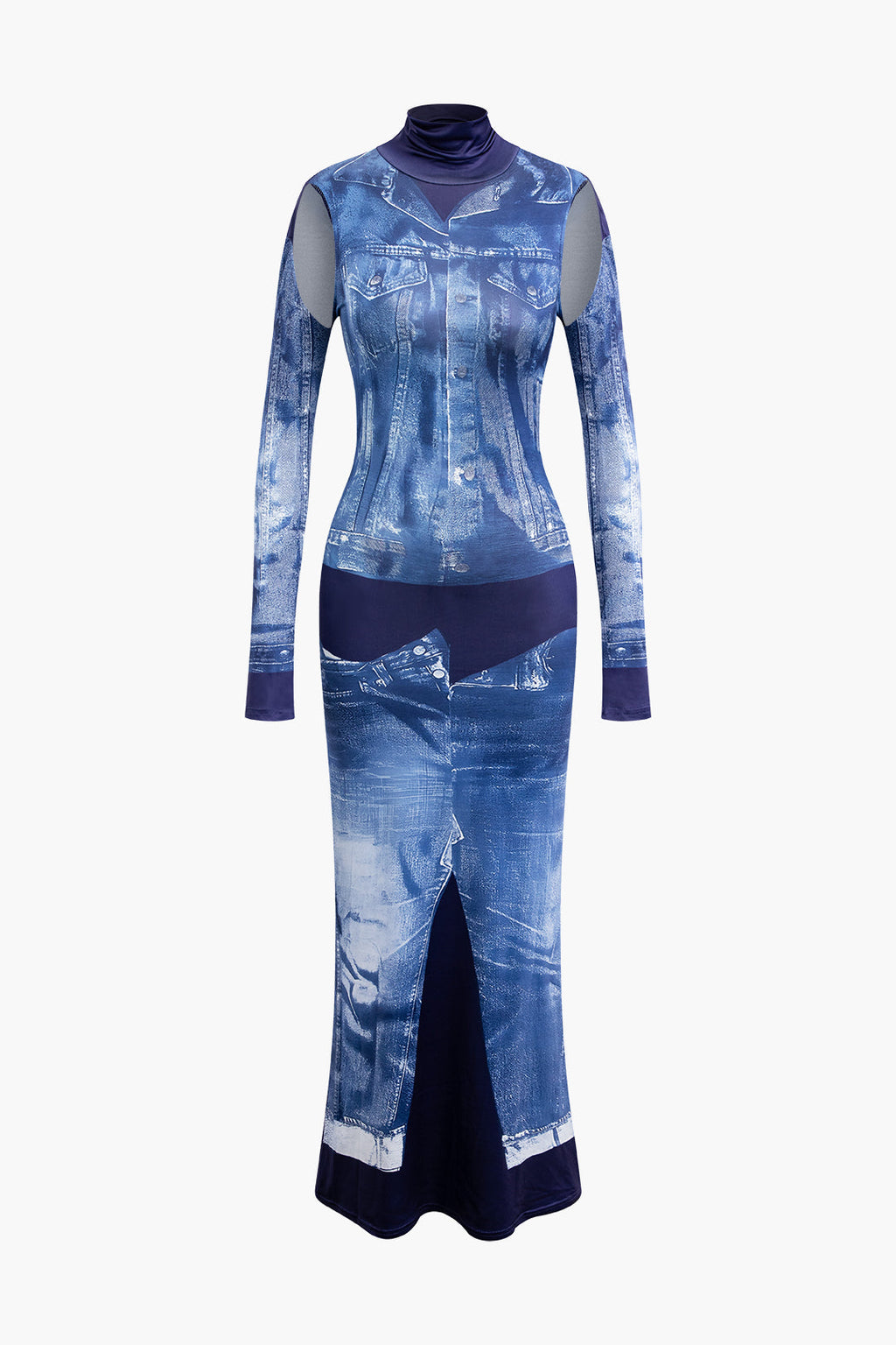 Denim Desenli Balıkçı Yaka Uzun Kollu maksi Elbise