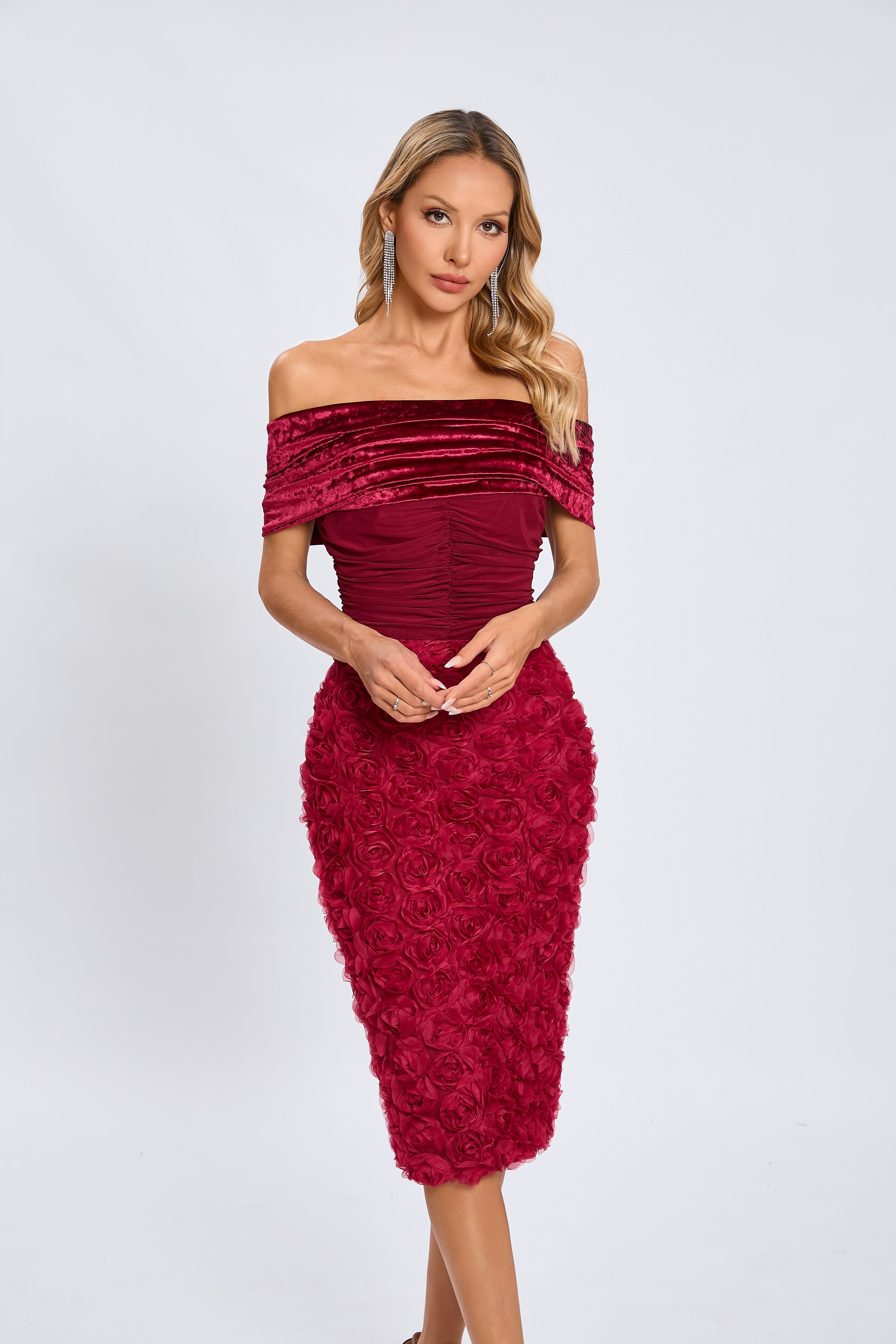 Taylor Kadife Gül Midi Elbise