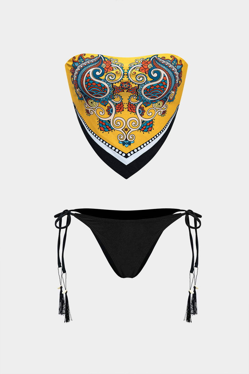 Desenli Kontrast Renk Bloklu Bağlamalı Bikini Takımı