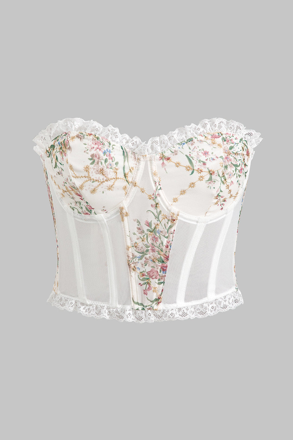 Floral Print Mesh Düğmeli Korse