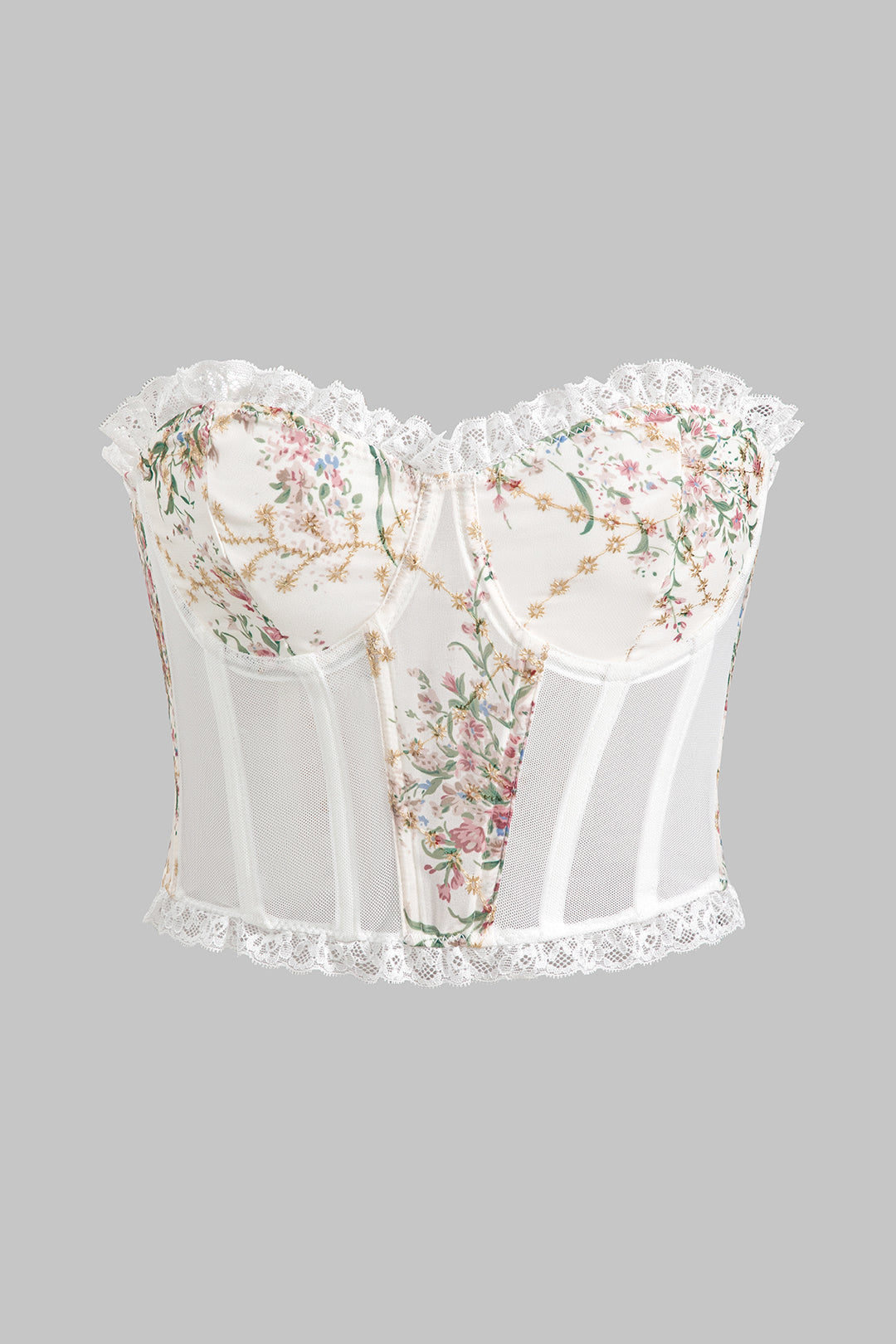 Floral Print Mesh Düğmeli Korse