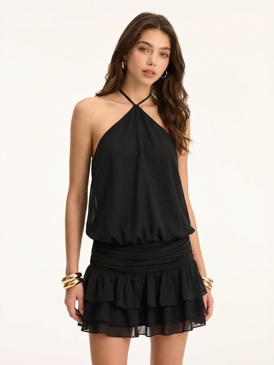 Halter Yaka Mini Elbise Siyah Şifon A Kesim