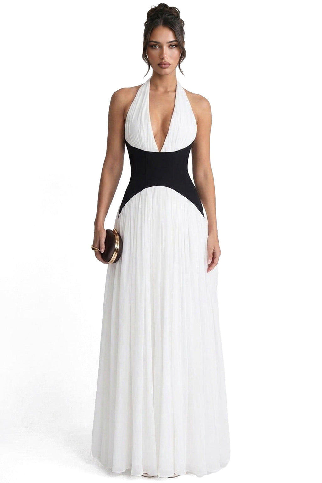 Agathe Halter Neck Pleated Gown With Contrast Corset Waistband - White