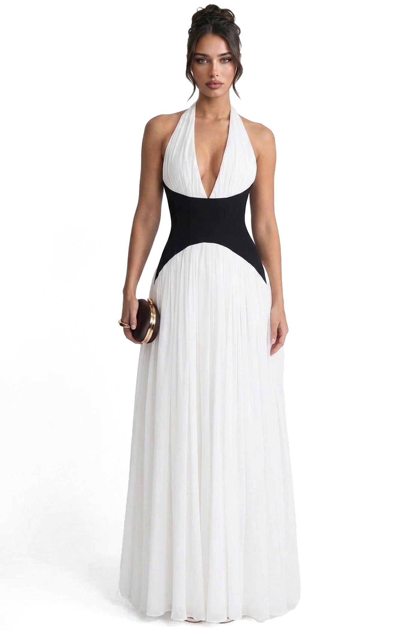 Agathe Halter Neck Pleated Gown With Contrast Corset Waistband - White