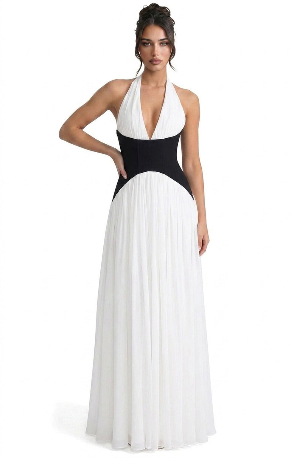 Agathe Halter Neck Pleated Gown With Contrast Corset Waistband - White