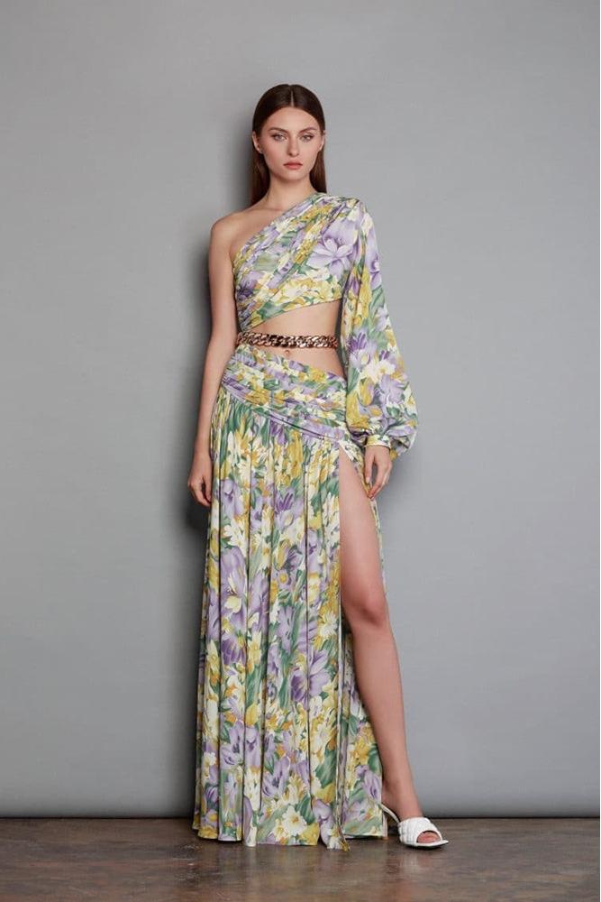 Gertrude Baskılı Cut-Out Asimetri Maxi Elbise