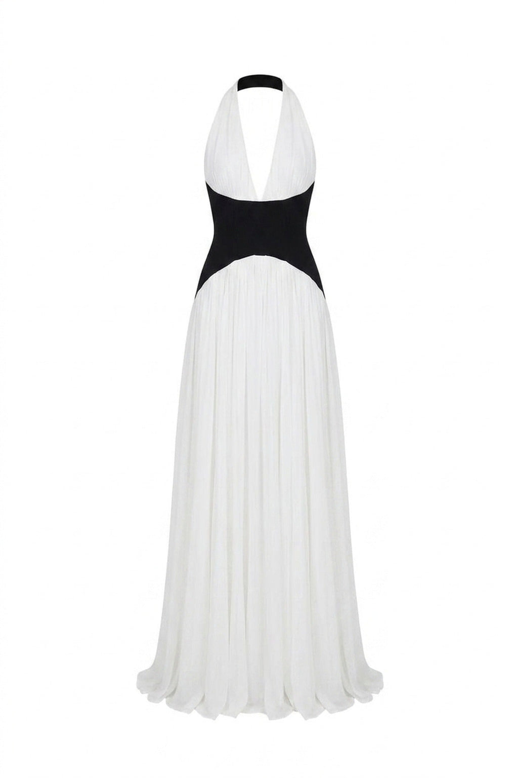 Agathe Halter Neck Pleated Gown With Contrast Corset Waistband - White