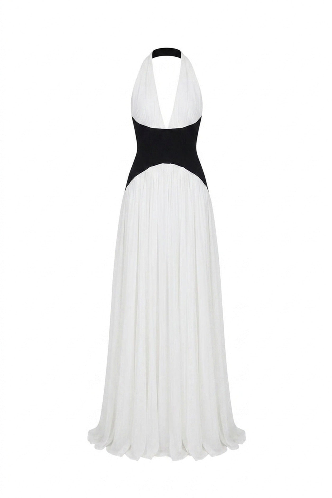 Agathe Halter Neck Pleated Gown With Contrast Corset Waistband - White