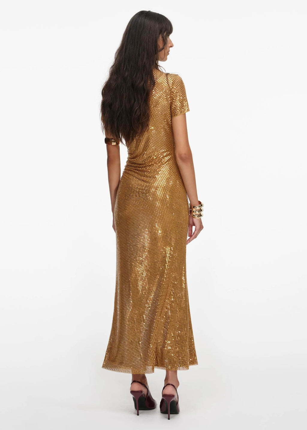 Gold Kristal Taşlı Midi Elbise