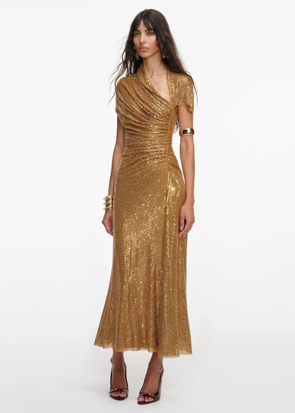 Gold Kristal Taşlı Midi Elbise