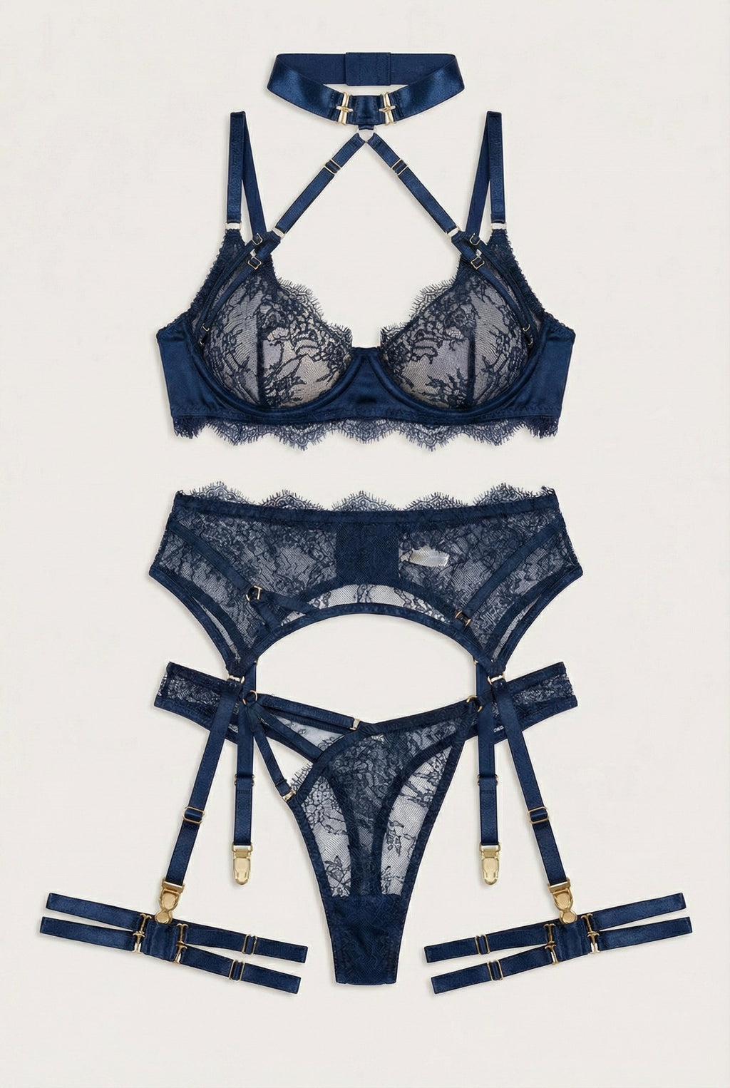 Sheer Lace Harness Lace Lingerie Set - Navy