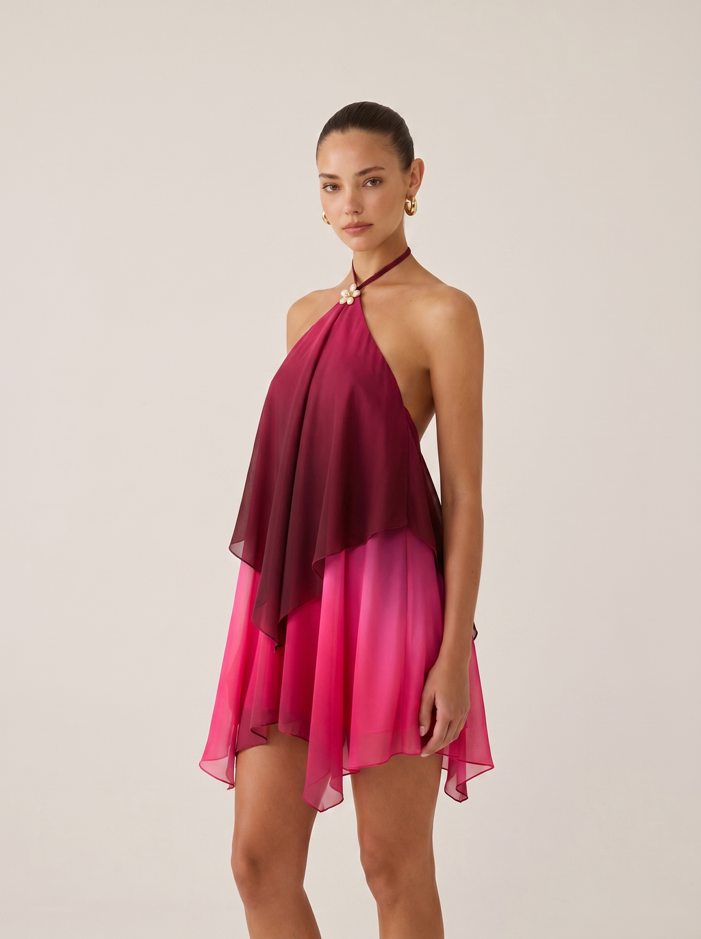 Halter Yaka Çiçek Aksesuarlı Mini Elbise