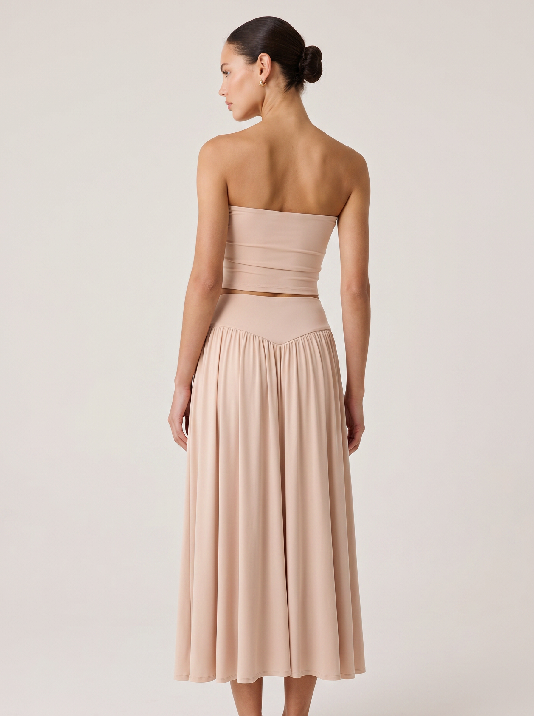 Strapless Knot Bağcıklı Tube Top + Yüksek Bel Curved Yoke Balletcore A-Line Midi Etek Set