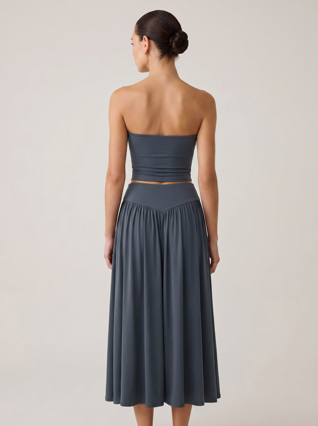 Strapless Knot Bağcıklı Tube Top + Yüksek Bel Curved Yoke Balletcore A-Line Midi Etek Set