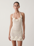 Halter Crochet 3D Gül Aplikeli Açık Sırt Bodycon Macrame Mini Elbise