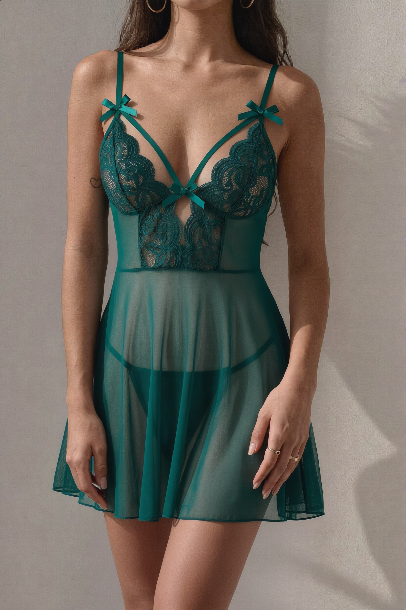 Midnight Lace Şeffaf Babydoll Takımı - Yeşil