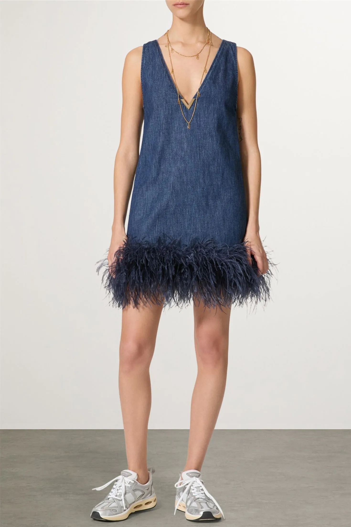 Tüy Detaylı Denim Mini Elbise Takım