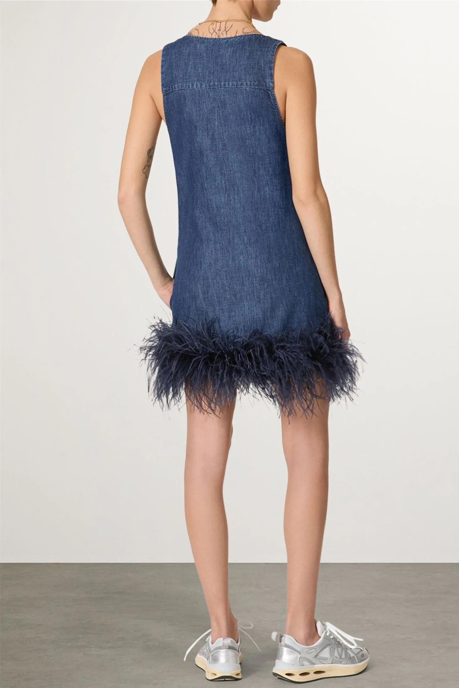 Tüy Detaylı Denim Mini Elbise Takım