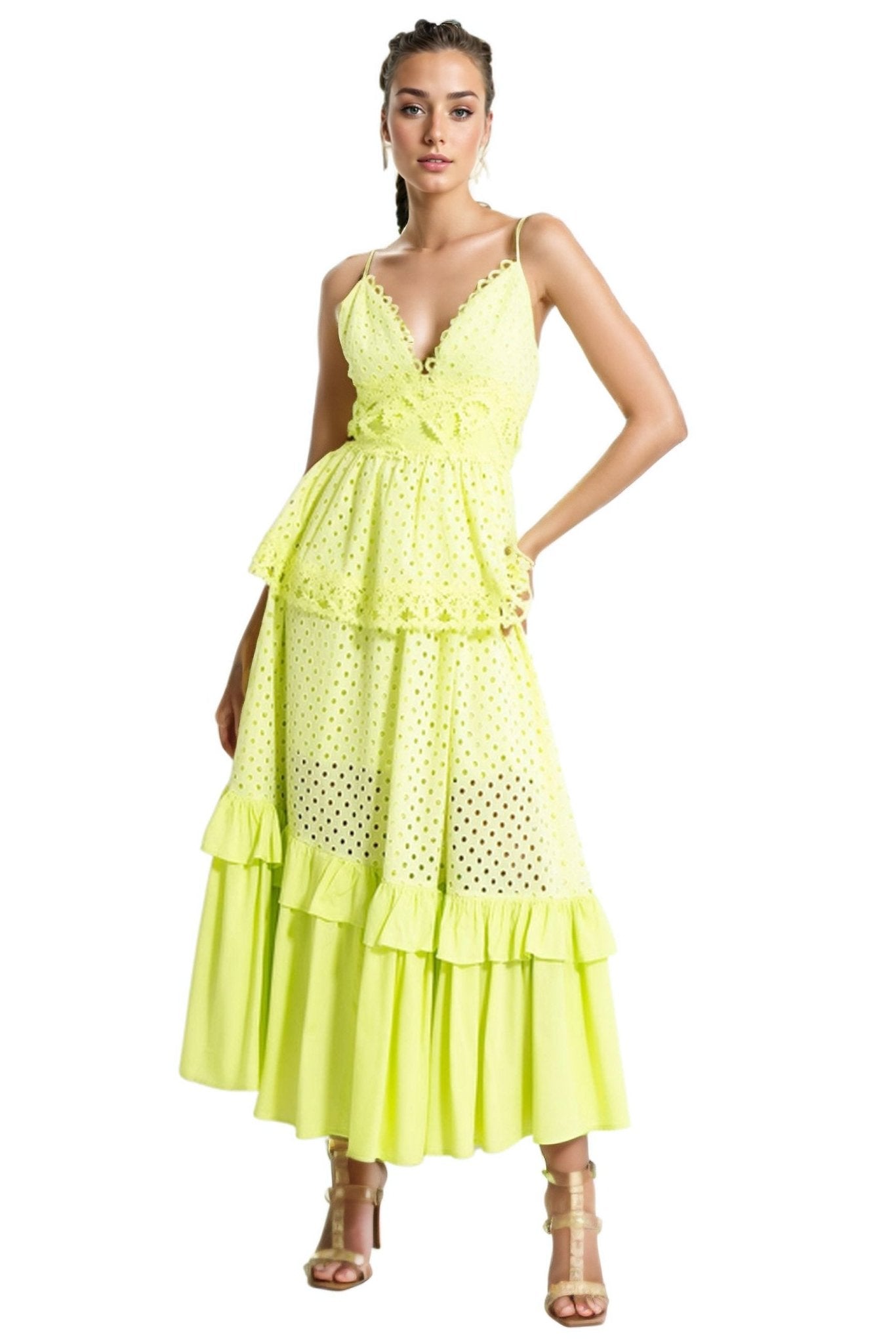 Janet V Yaka Fırfırlı Maxi Slip Elbise