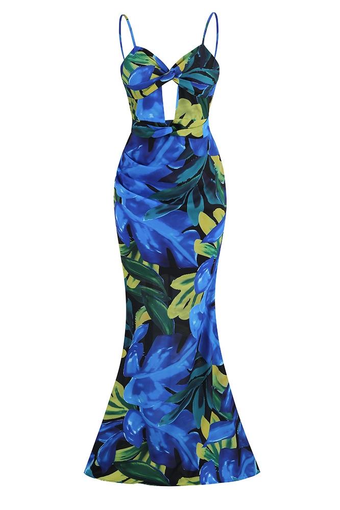 Odelia Baskılı Düğüm Flare Maxi Slip Elbise