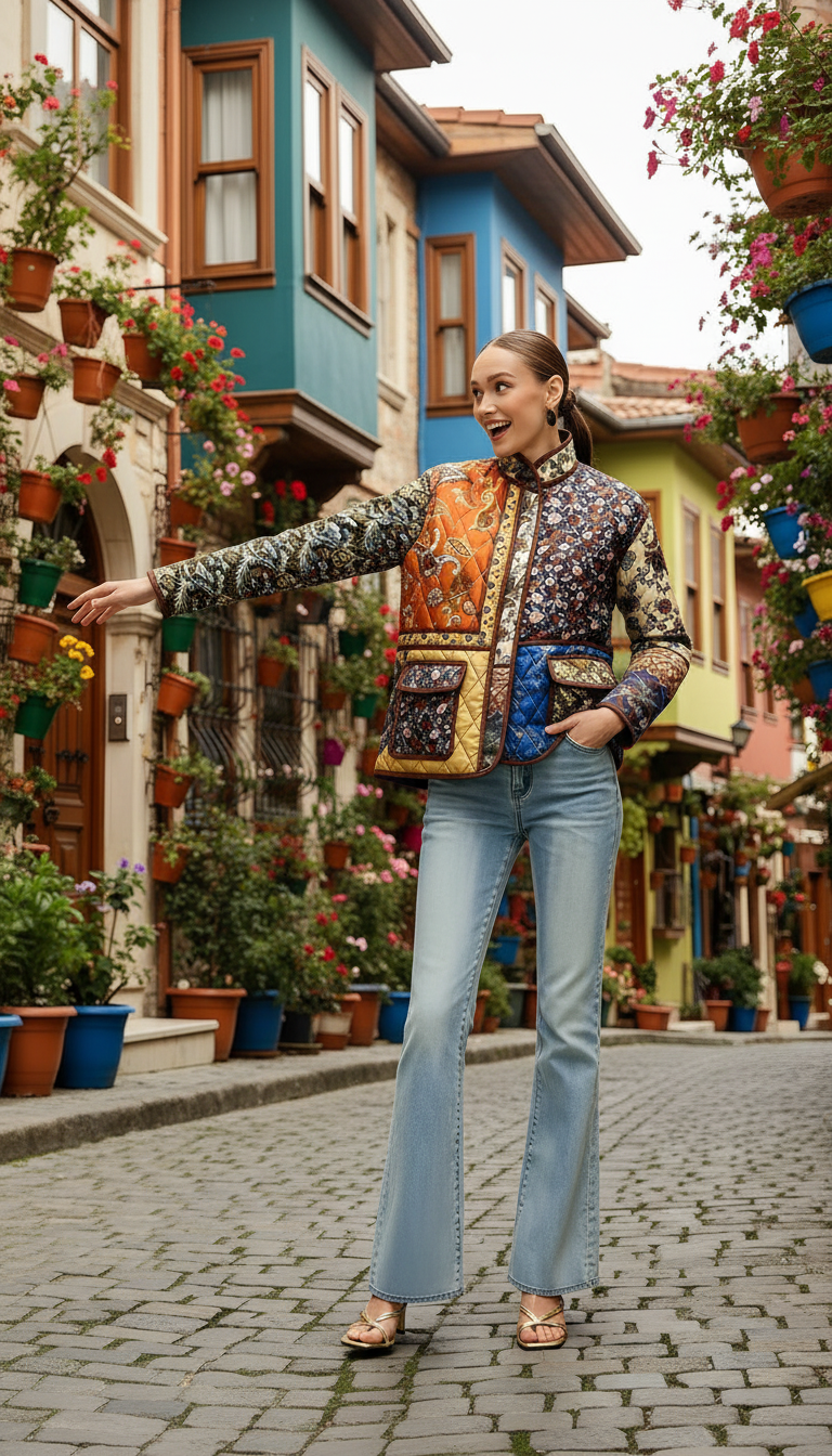 Patchwork Baskılı Uzun Kol Ceket Çok Renkli Oversize
