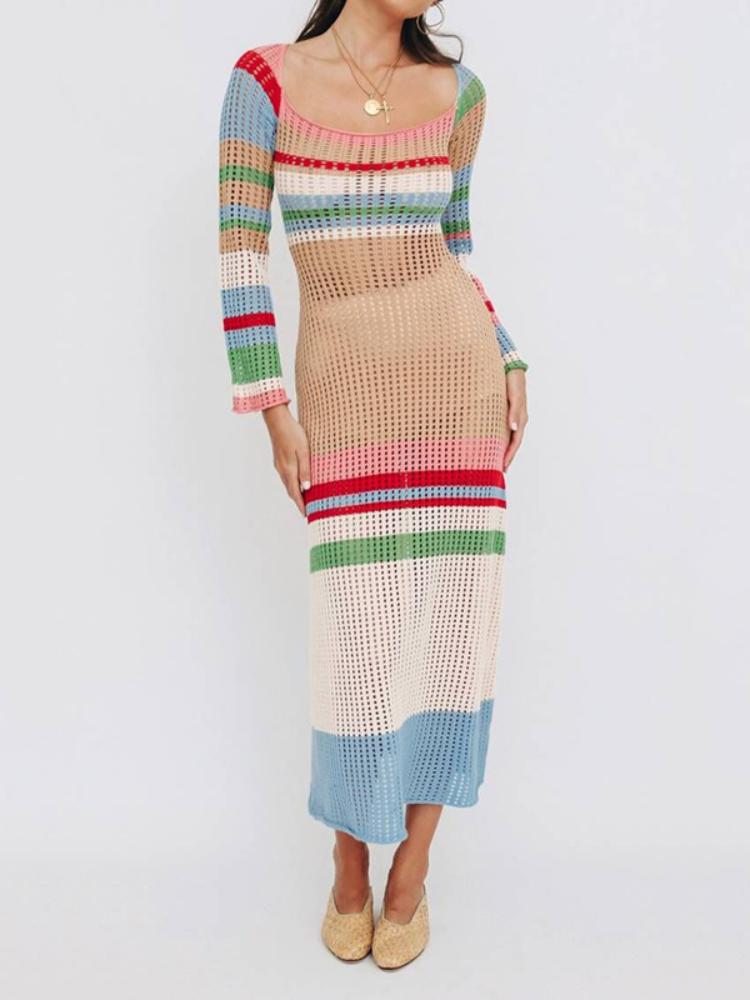 Ruth Tığ İşi Şerit Colorblock Maxi Elbise