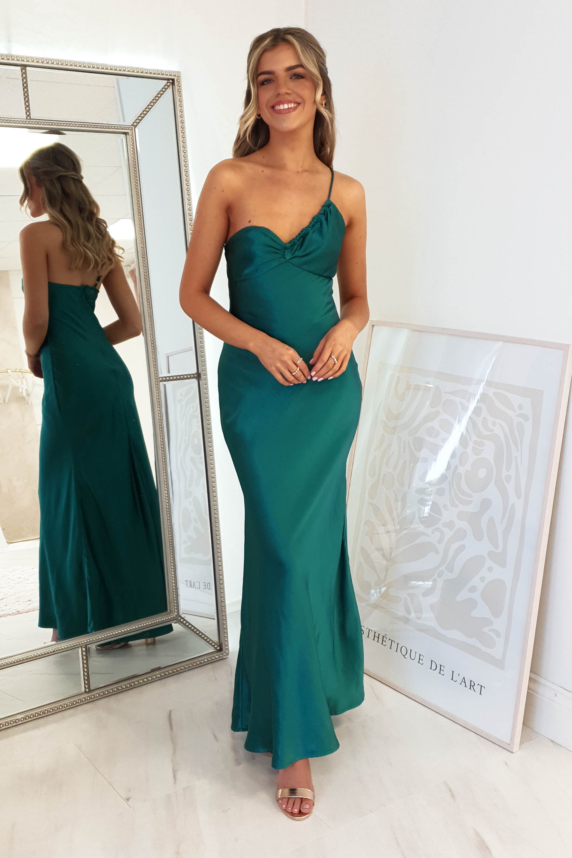 Selena Yumuşak Saten Maxi Elbise | Orman Yeşili