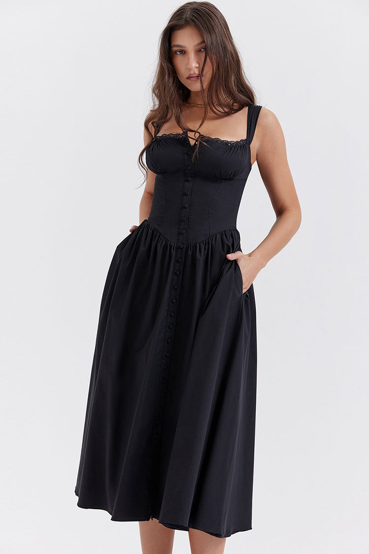Kare Yaka Dantelli Flare Midi Elbise- Siyah