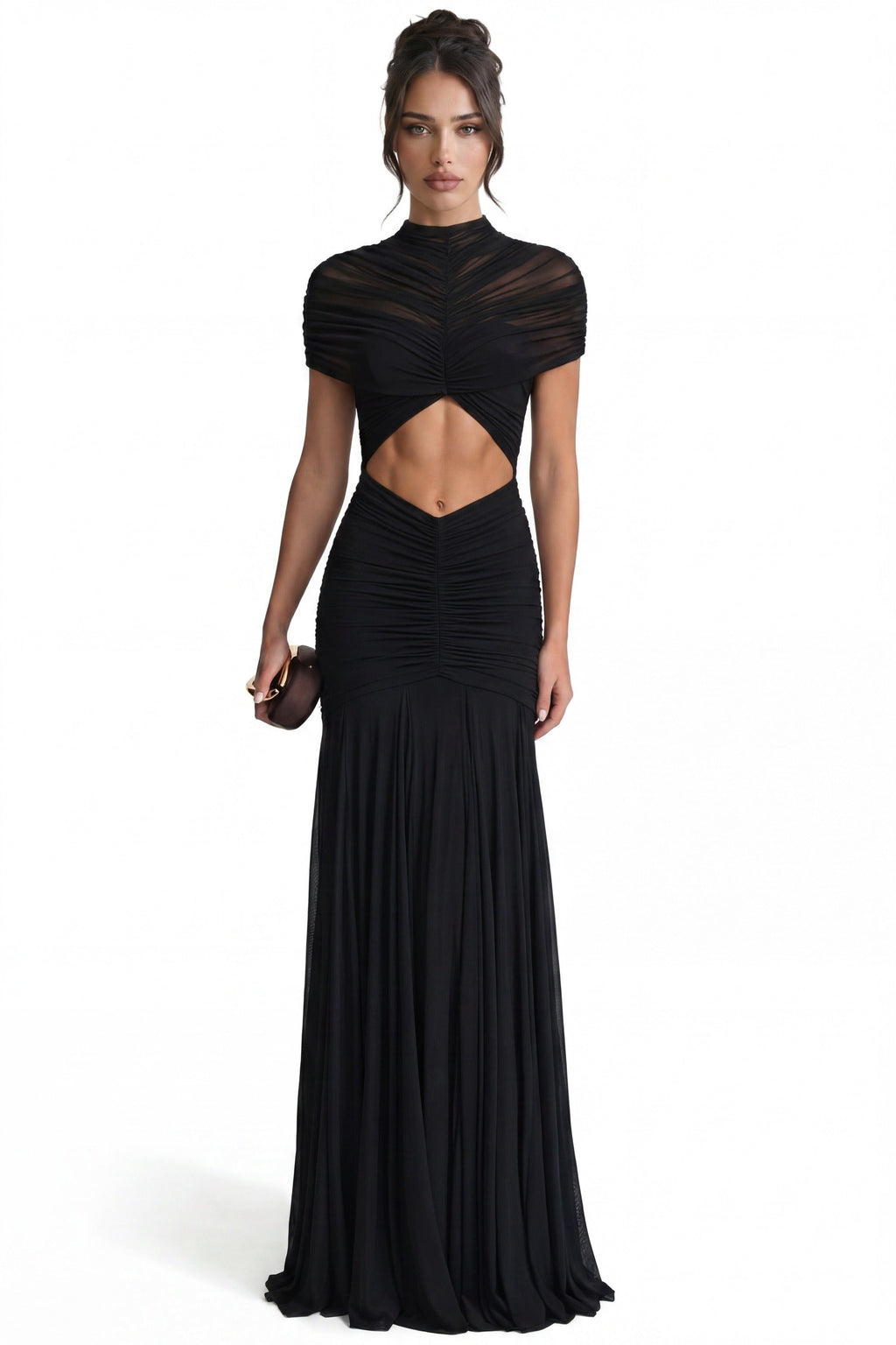 Odette Ruched Twist-Front Maxi Dress With Cutout Waist - Black