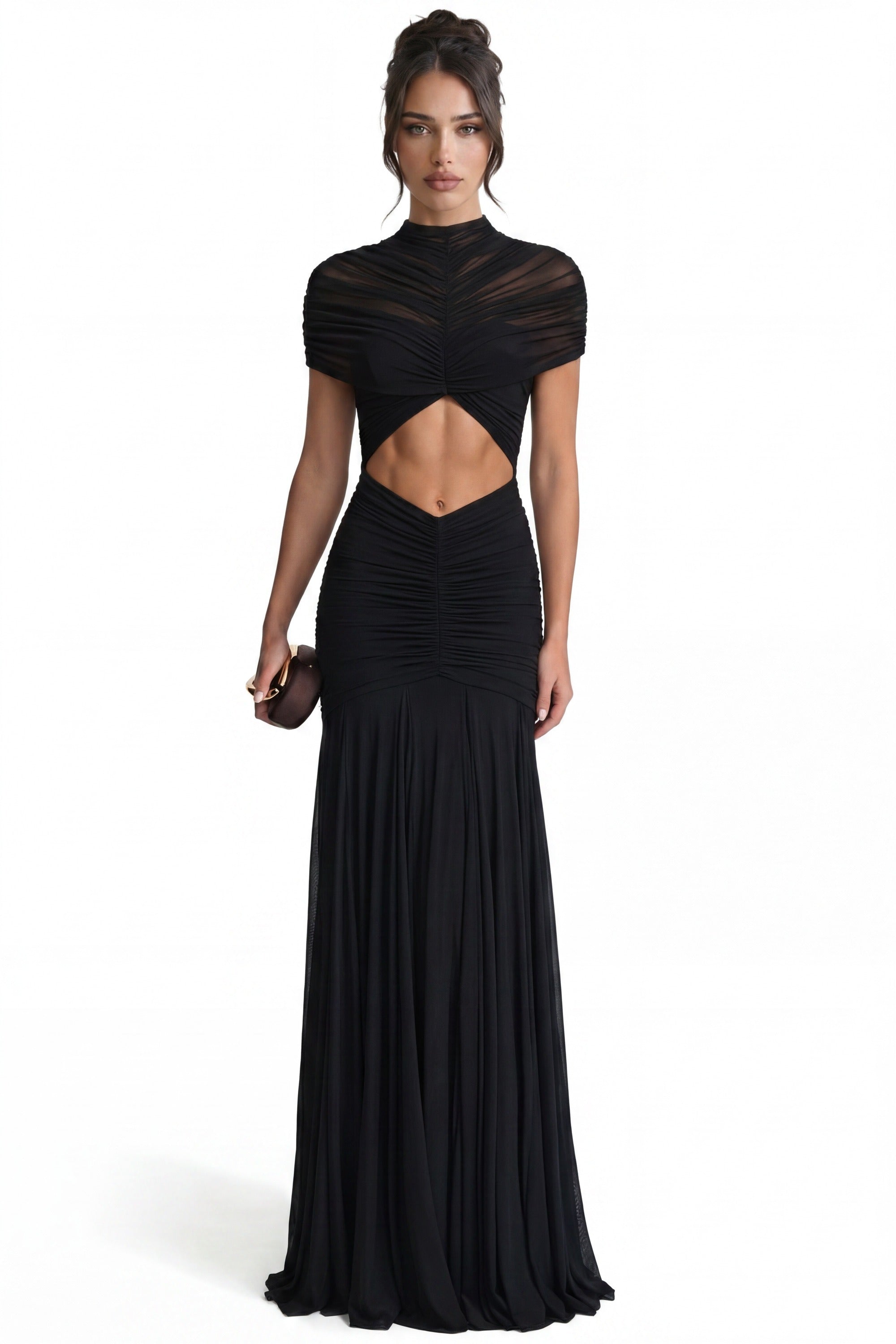 Odette Ruched Twist-Front Maxi Dress With Cutout Waist - Black