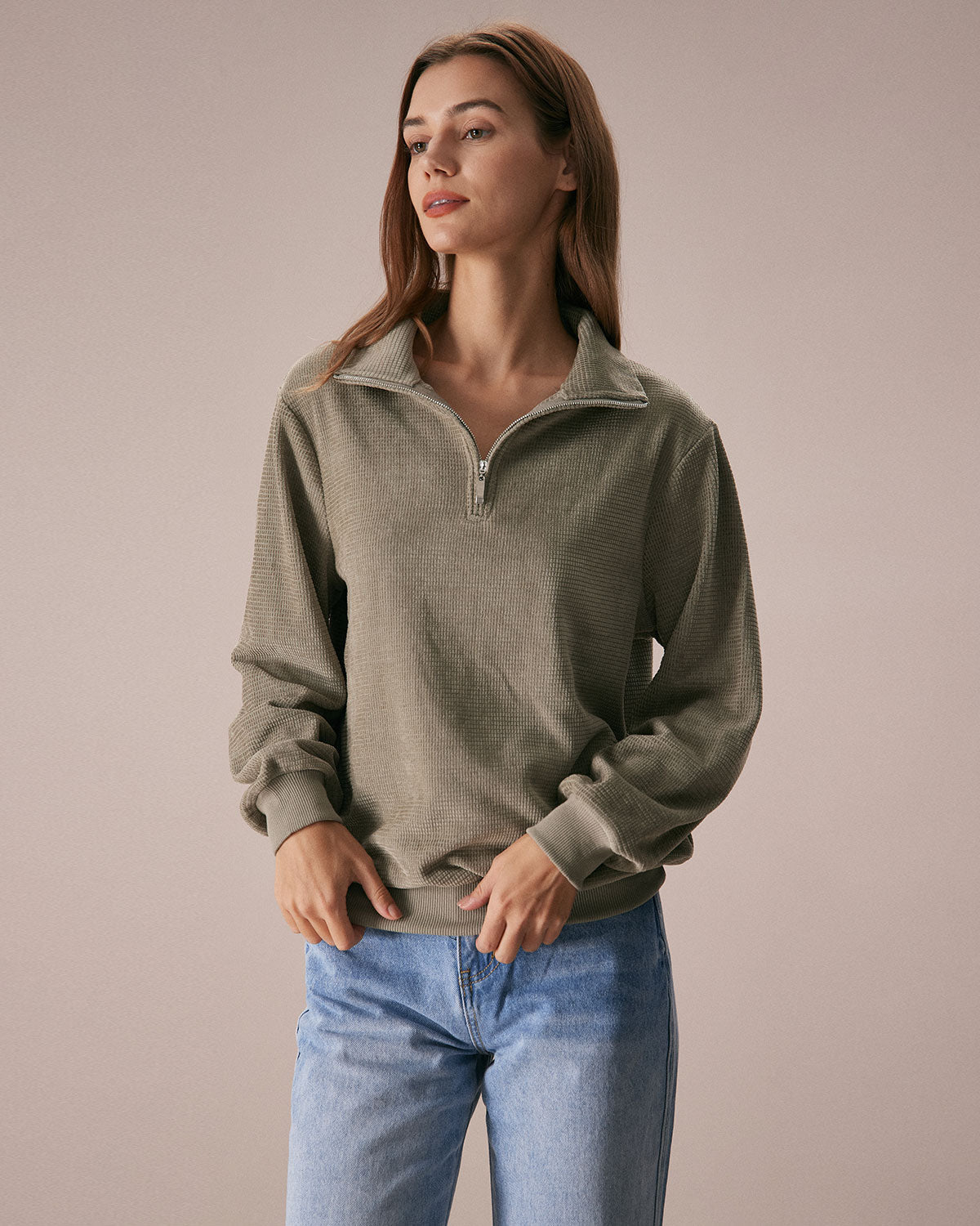 Yeşil Yarım Fermuarlı Düşük Omuzlu Sweatshirt