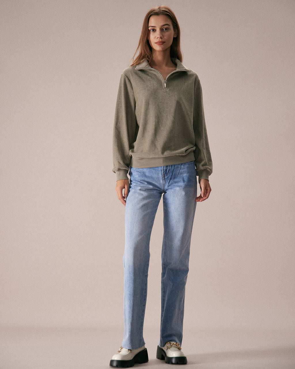 Yeşil Yarım Fermuarlı Düşük Omuzlu Sweatshirt