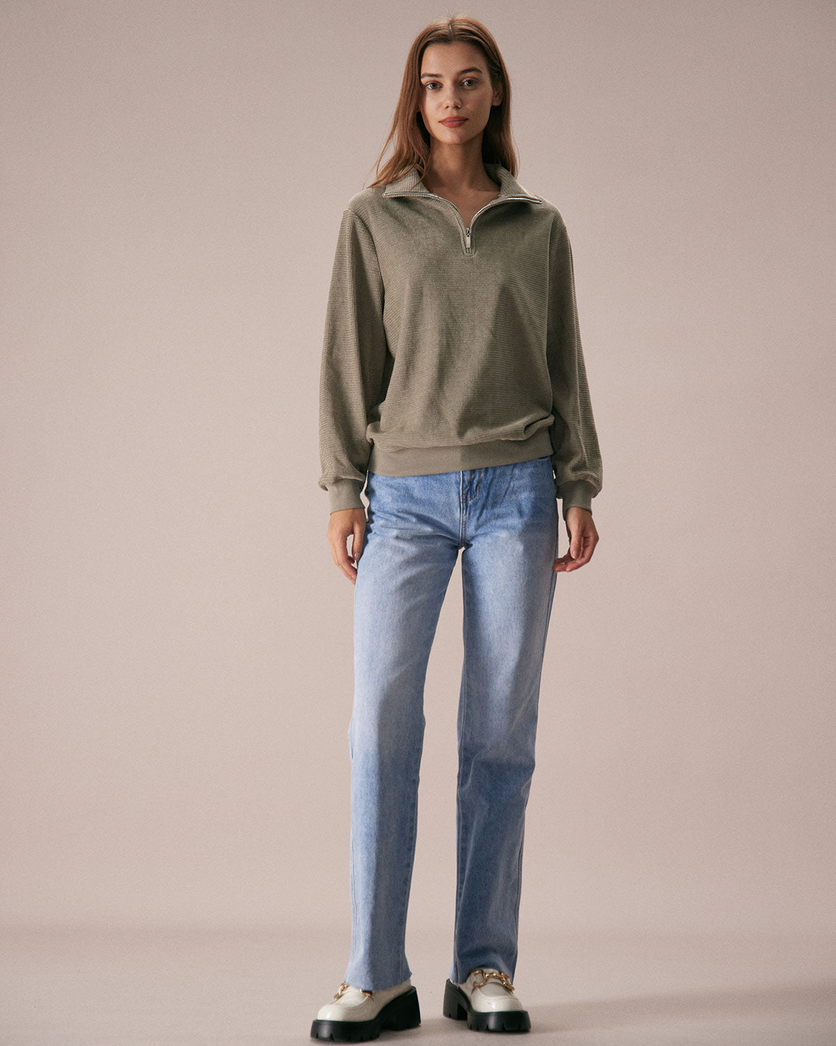 Yeşil Yarım Fermuarlı Düşük Omuzlu Sweatshirt
