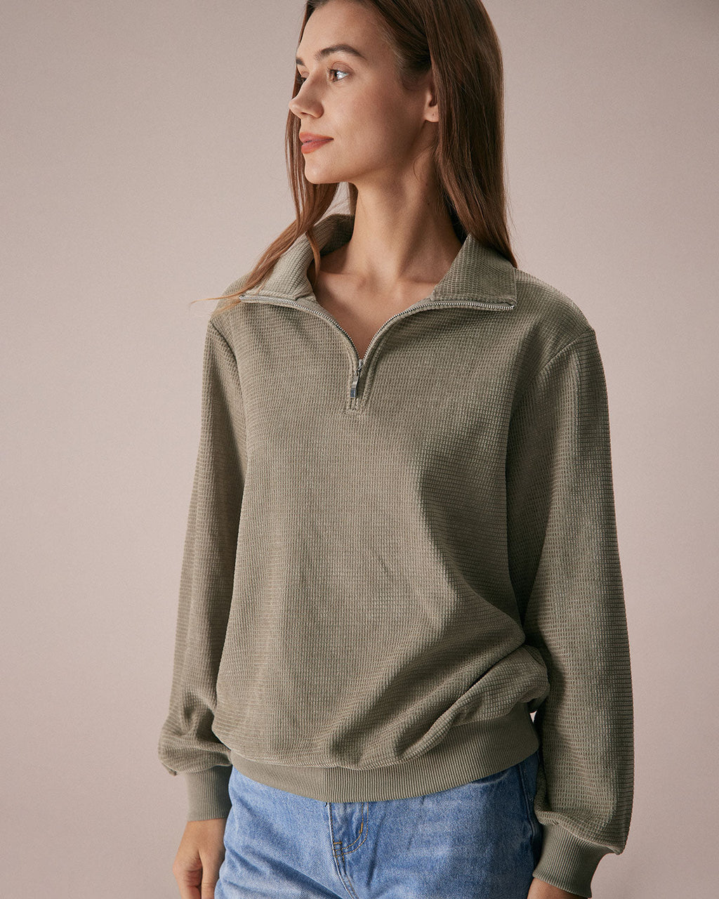 Yeşil Yarım Fermuarlı Düşük Omuzlu Sweatshirt