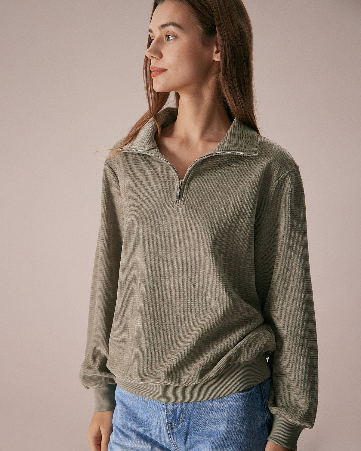 Yeşil Yarım Fermuarlı Düşük Omuzlu Sweatshirt