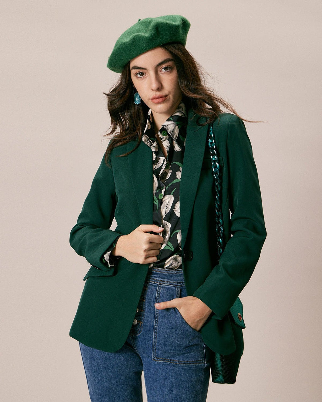 Yeşil Lapel Yaka Tek Düğmeli Blazer
